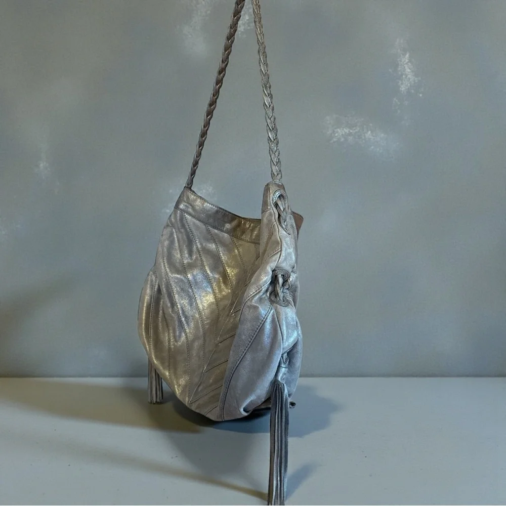 Fossil Pewter Metallic Leather Braided Hobo Shoulder Bag Tassels Magnetic Close
